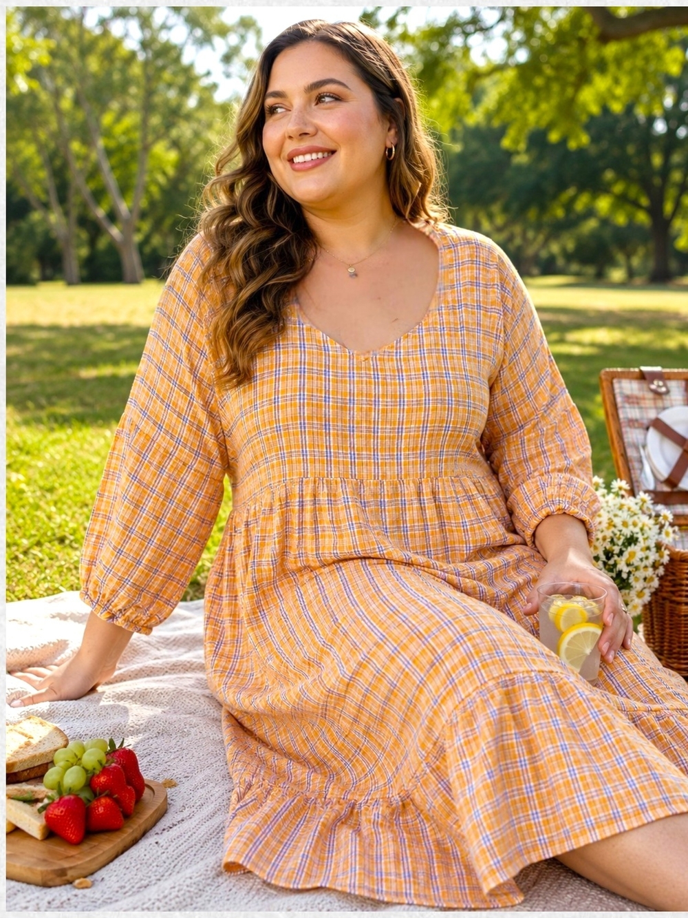 Rickis NEW Plus Size XXL: Yellow Plaid Midi Dress - Breathable Summer Dress